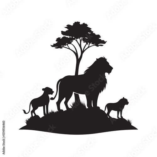 Lion With Cubs On Tall Rock Formation