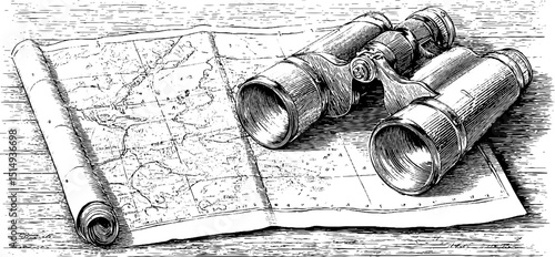 Vintage exploration concept with engraved map and binoculars for adventure themes