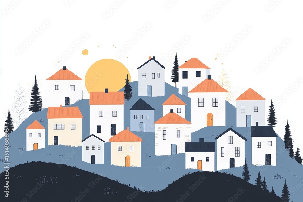 A drawing of a small town with houses on a hill A drawing of a small town with houses on a hill