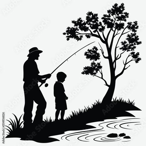 Father and son fishing at a lakeside silhouette image vector art and illustration	