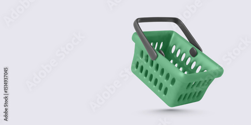 3D Shopping Basket in Minimal Style with Green Body and Black Handles Floating on Light Background. Ideal for E-Commerce, Retail, or Market-Related Concepts. Vector Illustration.