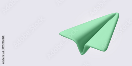 Minimal 3D Paper Plane in Glossy Green Color Floating on Soft Background. Perfect for Messaging, Send Icon, or Startup and Communication Themes. Vector Illustration.