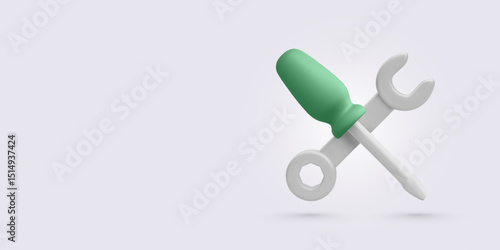 3D Screwdriver and Wrench Crossed Over Light Background. Ideal for Service Icons, Repair Concepts, Maintenance Tools, or Technical Graphics. Vector Illustration.