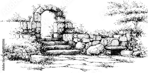 Vintage engraving of vineyard with stone wall and archway landscape design