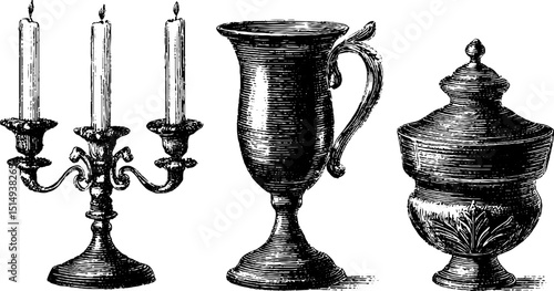 Vintage engraved candelabra and tableware: antique decoration and design elements