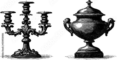 Vintage candelabra and urn engraving design for historical decor and art projects