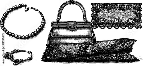 Vintage elegance: engraved illustration set of handbag, necklace, and lace accessories