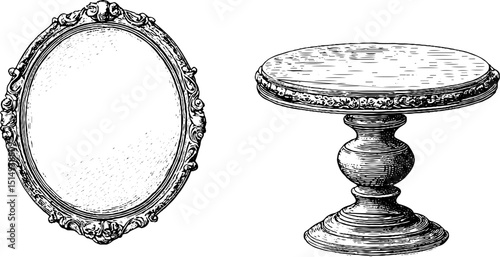 Vintage engraved mirror and table set illustration for antique decor design