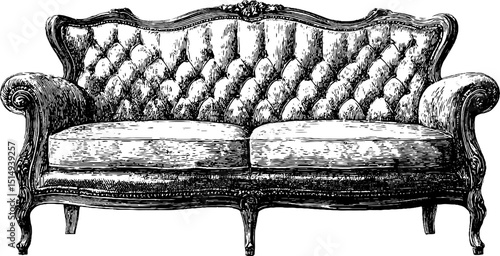 Vintage sofa and tuft design - engraved illustration for classic interior decor