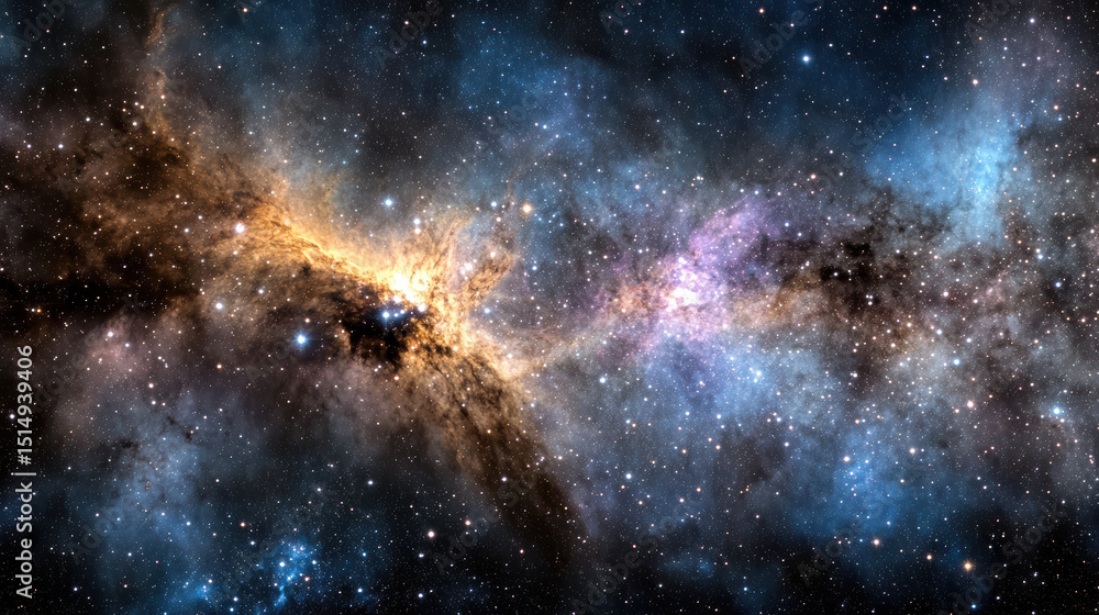 Obraz premium Stunning cosmic scene featuring vibrant nebula with swirling colors of blue, purple, and gold