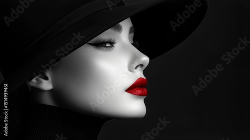 Elegant woman in black hat with striking red lipstick portrait footage. Embodying timeless fashion, classic glamour and sophisticated style.