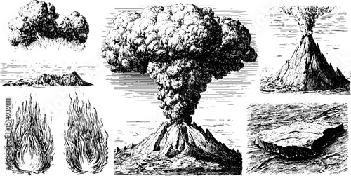 Engraved illustration of volcanic ash clouds and erupting volcano scenery for educational design