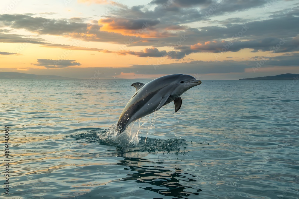 Fototapeta premium Dolphin leaping at sunset over ocean waves