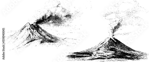 Engraved illustration set of volcano eruptions with smoke and ash detailing