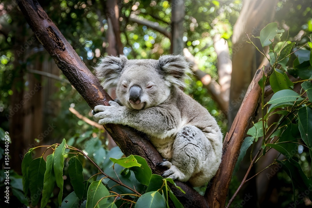Fototapeta premium Adorable koala bear sleeping in eucalyptus tree