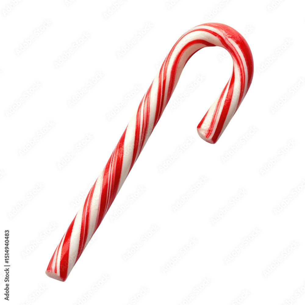Fototapeta premium Red and white striped candy cane perfect for holiday decorations and sweet treats transparent background, cutout PNG