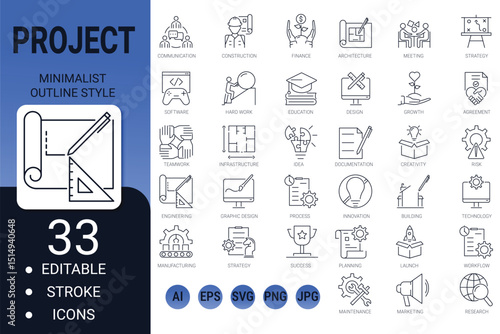Project editable line icons for startup, management, and business. simple website symbols. outline icon collection. vector illustration.
