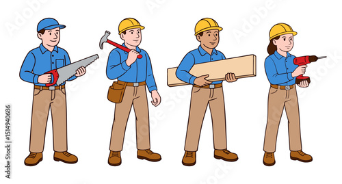 Hand-drawn set of construction workers with tools and safety helmets. Male and female characters in blue uniforms holding equipment. Clean line art vector illustration isolated on white background