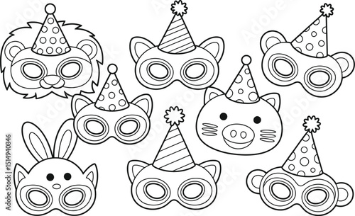 Animal masks party coloring page for kids lion bear pig rabbit
