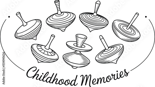 Hand drawn spinning tops collection with childhood memories text illustration