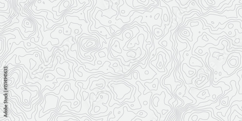"Abstract Topographic map design with grey lines seamless pattern on white background. Geographic contour map paper texture. Retro topographic map, geographic mountain relief. Vector. Illustration"