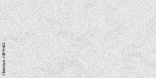 "Abstract Topographic map design with grey lines seamless pattern on white background. Geographic contour map paper texture. Retro topographic map, geographic mountain relief. Vector. Illustration"