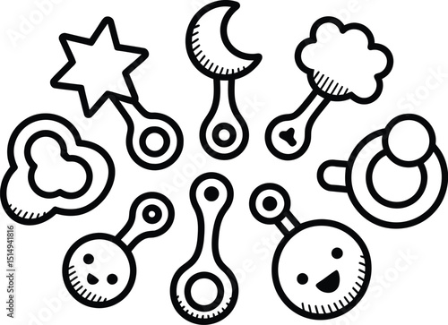 Black and white outline drawing of baby rattles star moon cloud