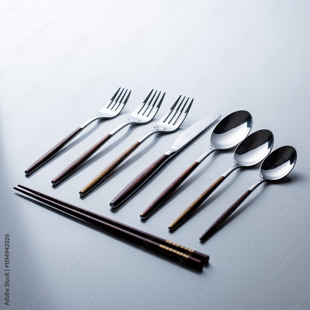 Fototapeta premium Elegant Flatware Set with Wooden Handles and Chopsticks on Gradient Surface
