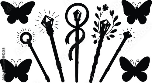 Magical wand and butterfly silhouette set for fantasy design elements