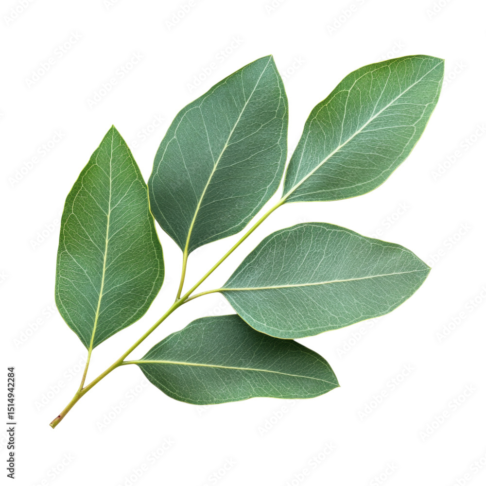 Fototapeta premium Fresh bay leaves on a green stem isolated on a white background, transparent background, cutout PNG