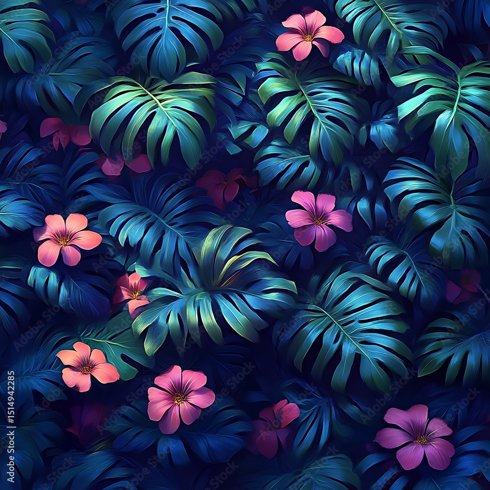 Lush tropical foliage pattern with vibrant flowers Lush tropical foliage pattern with vibrant flowers