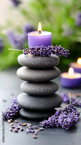 A lit purple candle rests atop a stack of gray stones adorned with lavender sprigs, additional candles and greenery blur in the background, creating a serene spa-like atmosphere
