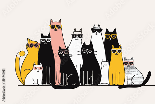 illustration of cool summer cats wearing sunglasses. hand drawn cartoon style