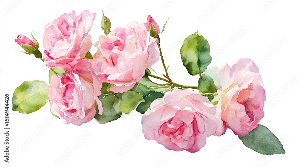 Fototapeta premium Pink roses with green leaves in watercolor style, symbolizing natural beauty and delicate elegance. 