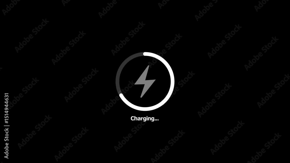 Fast battery charging animation with power icon on a black background Fast battery charging animation with power icon on a black background