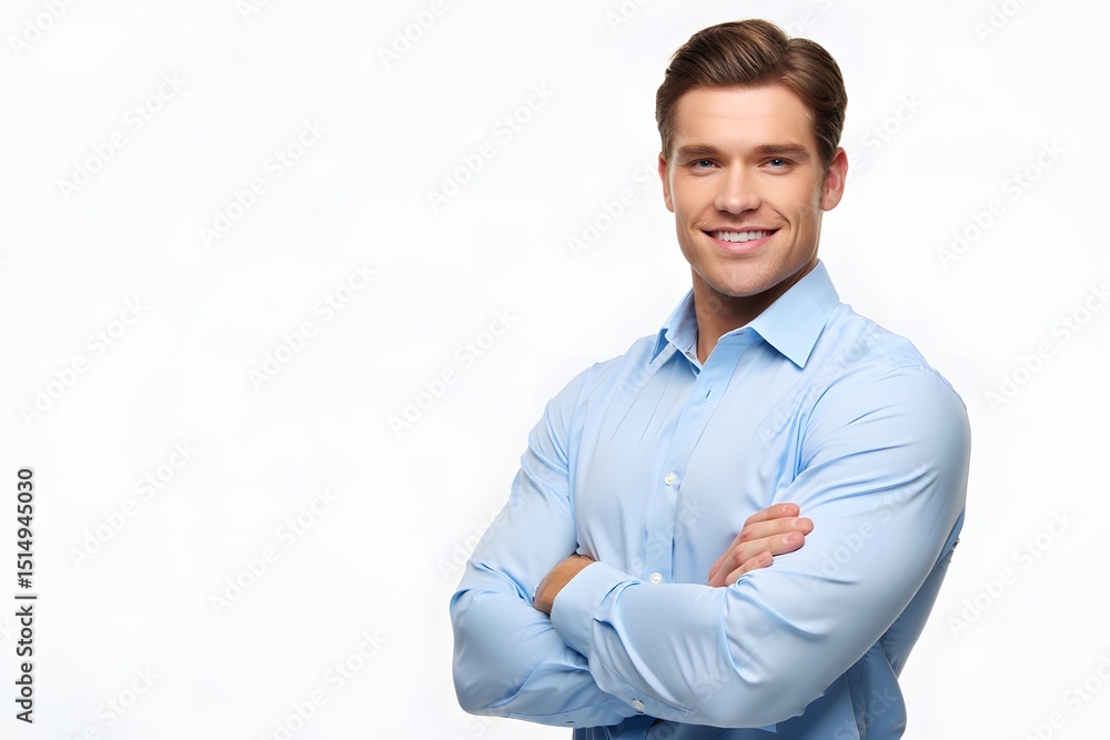 Confident businessman with arms crossed, wearing a light blue shirt, smiling against a white background. Confident businessman with arms crossed, wearing a light blue shirt, smiling against a white background.