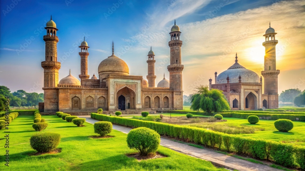 Obraz premium Ancient mosque with lush green grass surrounding a tranquil green tomb and majestic towering minarets standing proudly in the background, serenity, architecture