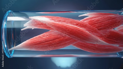 A close-up view of synthetic muscle fibers growing in a chamber, showcasing bioengineering advancements. This image highlights the intricate details and colors of muscle structures, ideal for science.