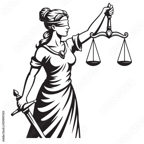 Blindfolded Lady Justice with Scales and Sword Illustration, Lady Justice Illustrations Silhouettes and Line Art, Lady Justice Illustrations Silhouette