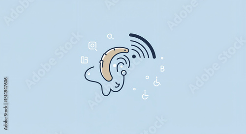 Hearing aid illustration with sound waves and communication symbols  