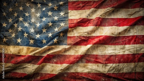 Vintage American flag with worn and crinkled fabric, showing signs of aging and wear , usa, aged,  usa, aged, freedom, vintage