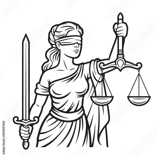 Blindfolded Lady Justice with Scales and Sword Illustration, Lady Justice Illustrations Silhouettes and Line Art, Lady Justice Illustrations Silhouette