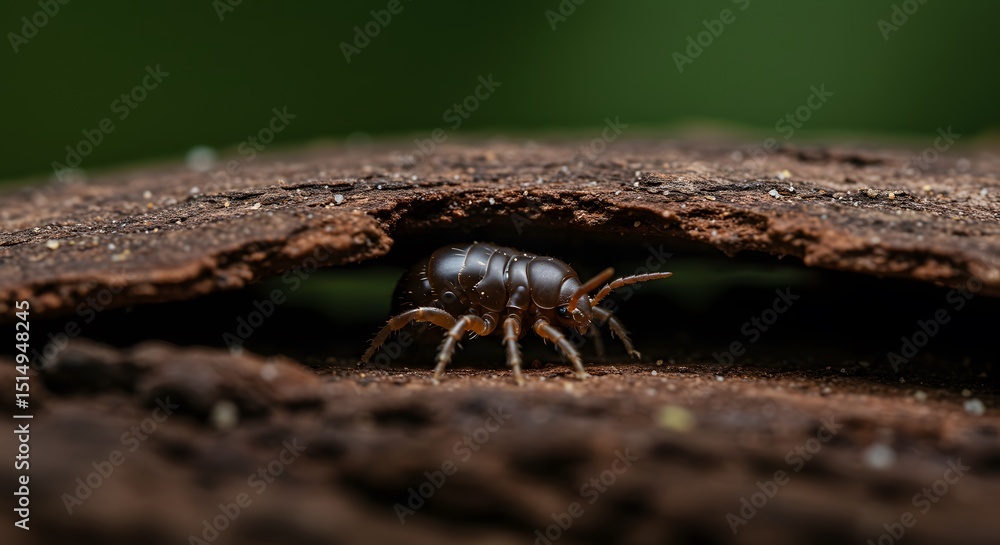 Fototapeta premium Macro Photography of a Dark Brown Insect Emerging from Underneath a Piece of Wood in a Forest