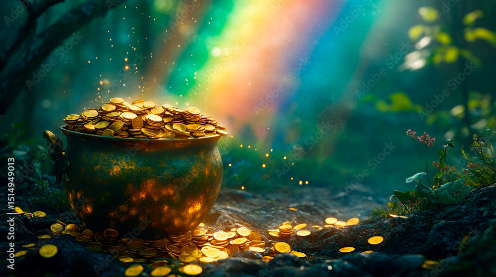 Fototapeta premium Pot of gold at the end of the rainbow. Enchanted forest background.