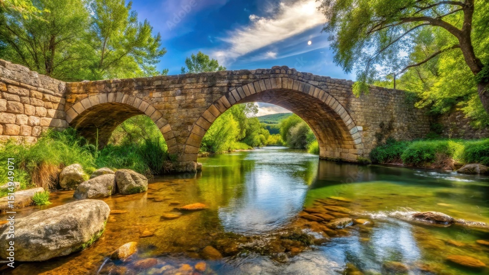 Fototapeta premium Ancient stone bridge spans the tranquil Mura River in Medjimurje Valley, rural area, water flow