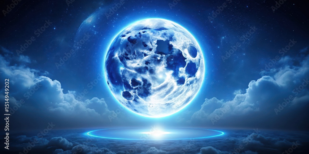 Fototapeta premium Celestial Body, Blue Super Moon, Halo Effect, glowing orb, night sky scene