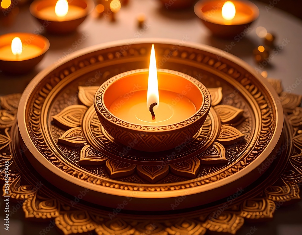 Burning diya, ornate plate Burning diya, ornate plate