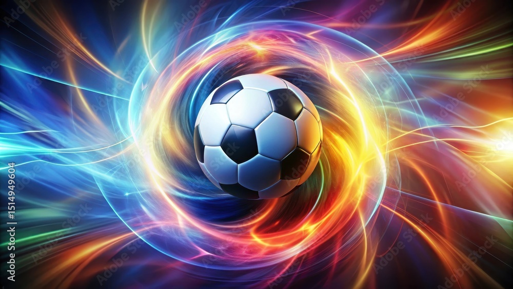 Fototapeta premium Vibrant abstract background with swirling energy field surrounding a glowing soccer ball