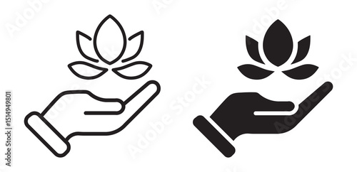 Yoga and SPA Symbol. Medical Beauty Clinic Sign. Lotus and Human Hand Line and Silhouette Icon Set. Meditation Pictogram. Hand Holding Flower.  Vector Illustration 