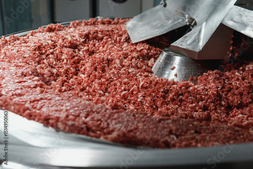Processing of production minced meat in industrial meat grinder, close up.